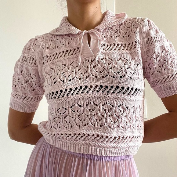 Zara Sweaters - Zara | Pink lilac knitted short sleeve sweater collared top | Size M
